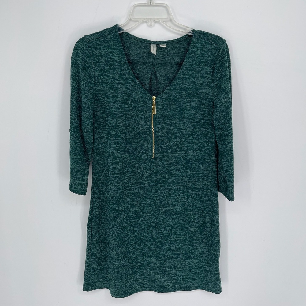 Tacera Women's‎ Green Space Dye Quarter Zip 3/4 Sleeve Tunic Top Size SP Petite
